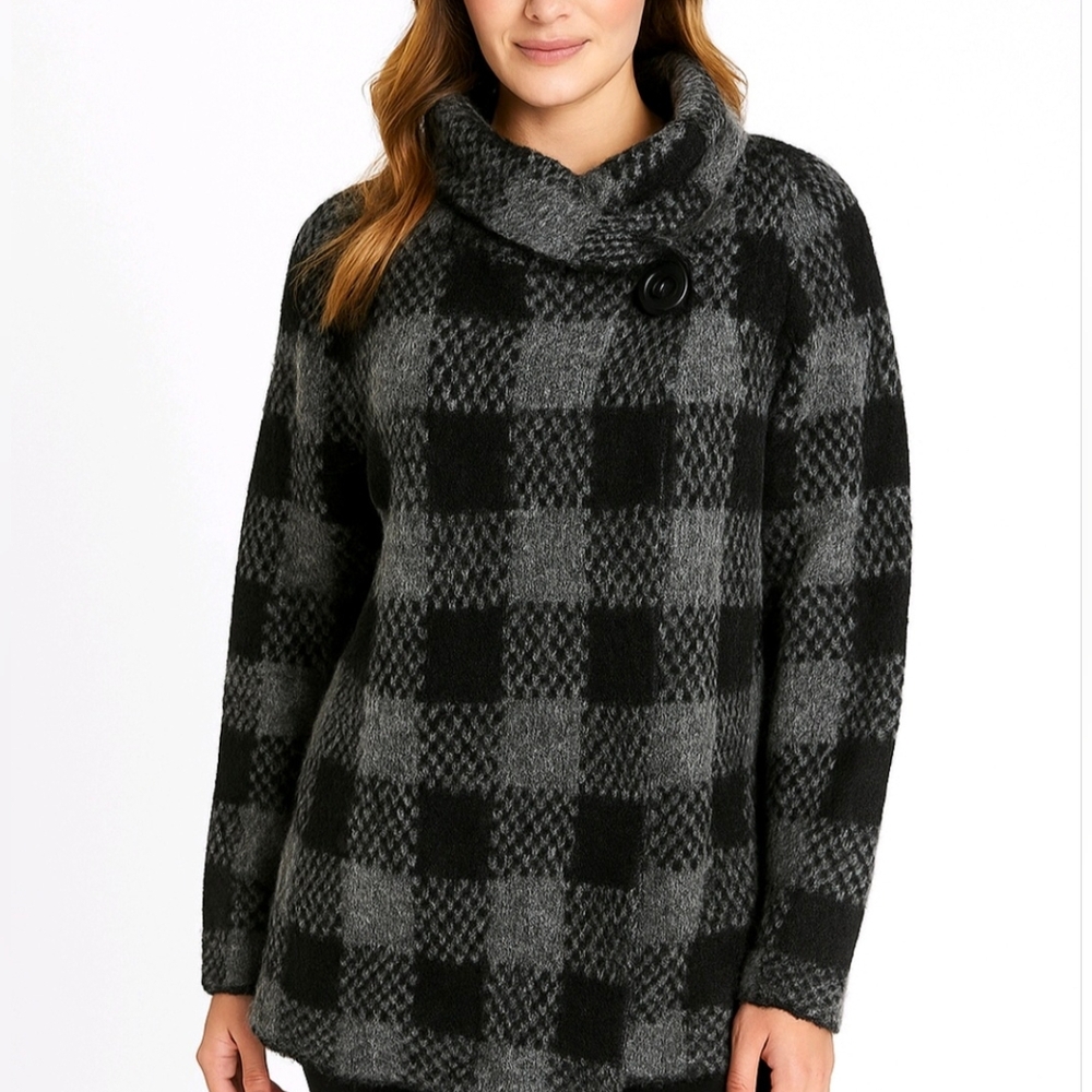 Ellen Tracy Cardigan / Jacket Gray Black Buffalo Plaid Wool Blend Size M NEW